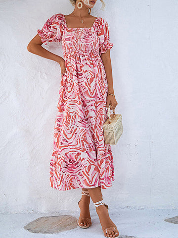 Woochic robe longue imprimé à fleurie col bateau manches bouffantes bohème de plage Rose S